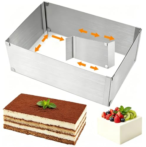 Xnqelerate Backrahmen Rechteckig Verstellbar, Backrahmen Eckig mit Teiler, Tortenring Verstellbar, Höhe 10cm, Tortenring Eckig für Torten, Kuchen, Pizza, Backen, Party, Dekorieren