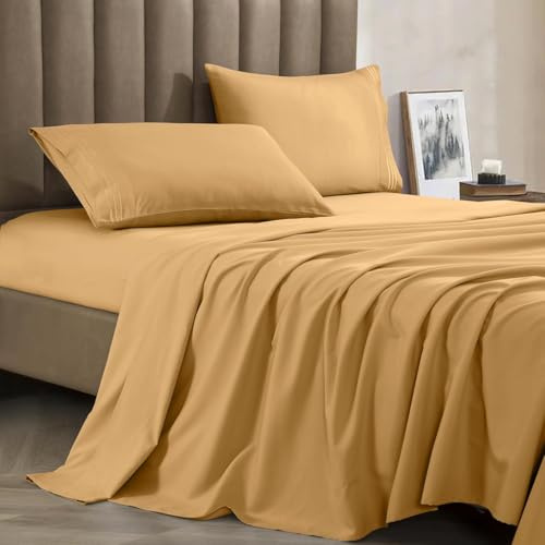 CELINE LINEN Premium 1800 Hotel Quality Wrinkle-Resistant 4-Piece Microfiber Sheet Set - Luxury Ultra Soft and Breathable Bedding 16 Inch Deep Pocket 4PC Sheet Set, King, Gold