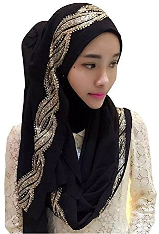 UK_Stone Damen Chiffon Einfarbig Muslimische Hijab Kopftuch Kopfbedeckung Islamischen Hijab Schal Indische Turban-Hüte Turbanmütze mit Champagner Muster, Schwarz
