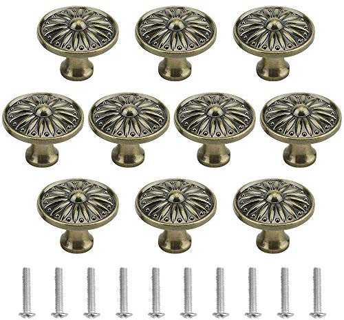 TOVOT 10PCS Antique Drawer Knobs 35MM Door Knobs with Screws Zinc Alloy Pulls Round Flat Handles for Cabinet Cupboard Furniture DIY