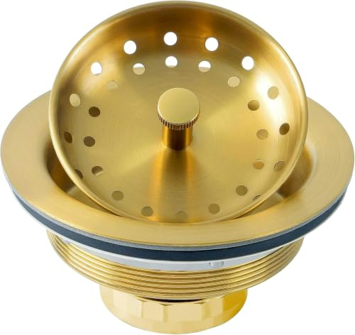 LQS Kitchen Sink Drain Assembly, Sink Drain Basket Strainer 304 Stainless Steel with Removable Sink Strainer Basket and Stopper 3-1/2-inches Gold