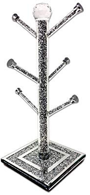 Amazing Gift Crushed Diamond Kitchen Mug Tree Cup Holder with Silver Trimmings, Silver Glass Sparkle Ornament Bling Crushed Diamond Gift, Eye Catching Elegant Look for Home and Kitchen Decorations