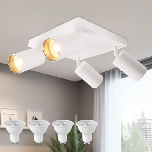 KYOTECH Deckenstrahler LED 1 Flammig Weiß 350° Schwenkbar GU10 5W 400LM | Inkl. GU10 LED Lampen, Aluminium Moderne LED Deckenspot für Wohnzimmer, Küche, Schlafzimmer, Flur