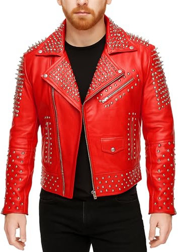 LP-FACON Mens Brando Silver Spikes Studded Rock Punk Leather Jacket Motorcycle Red Biker Leather Motorbike Outerwear