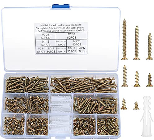 420 Pcs Brass Self Tapping Screws, Wood Self Drilling Flat Cross Head Screws Assortment Kit, Carbon Steel Galvanized Countersunk Head Screws with M6 Screw Anchors for Wood Furniture DIY