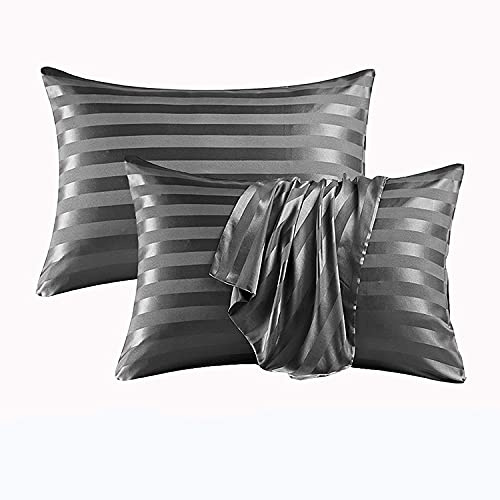 Damier 2er-Set Kissenbezug 80x80cm Grau Satin glatt glänzend Damast Streifen Seidig Mikrofaser Kissenhülle Kopfkissenbezug schont Haare und Haut