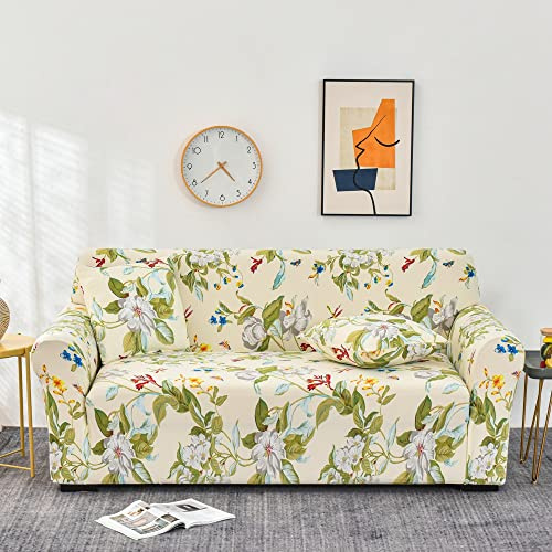 FANSU Stretch Sofabezug rutschfest Sofaüberwürfe mit Armlehnen, Universal All-Inclusive Ecksofa L Form Sofa/Sesselbezug für Hotel Schlafzimmer Zuhause Wohnzimmer (Blumen und Blätter,3 Sitzer)