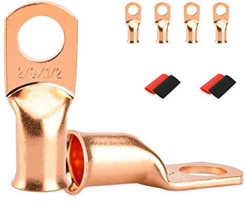 4 PCS Battery Terminal Connectors, Battery Cable Ends Lugs, 2/0 Gauge Wire Connectors, 2/0 AWG 1/2 Stud Ring Terminals, Copper Wire Lugs with Heat Shrink Tubing.