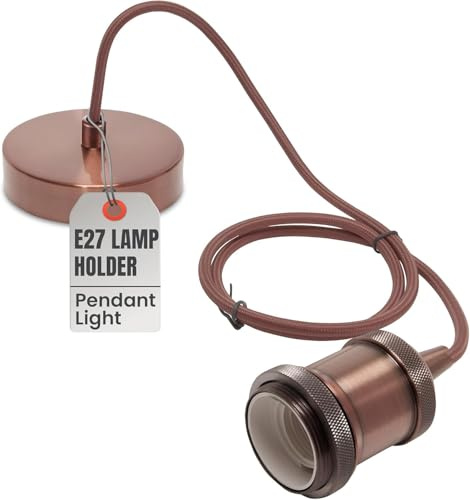 LEDSone Suspension vintage 1m raccord moderne style industriel rétro lampe E27 support en cuivre marron flex tressé rond rosace de plafond en cuivre