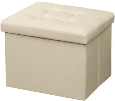 AmasSmile Ottomane Fußstütze Hocker, 43,2 cm, klappbarer Leder-Fußhocker, Bank, kurzer beigefarbener Ottomanhocker, Aufbewahrung, Fußstütze, Bücher