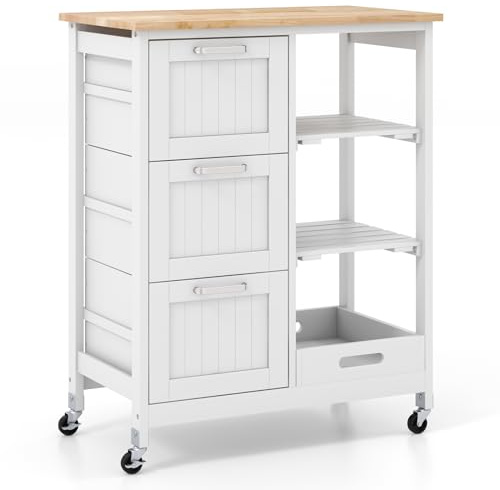 TANGZON Kitchen Storage Trolley on Wheels, Rolling Kitchen Island with Rubber Wood Worktop, Removable Tray, 2 Shelves & 3 Drawers, Utility Serving Cart for Home Dining Room Bar (White Body)