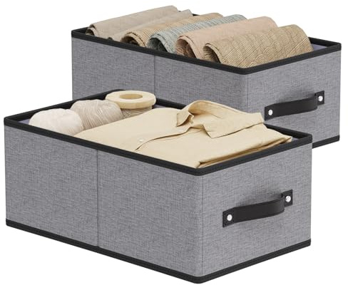 YheenLf Cajas Almacenaje, Plegables Cubos de Almacenamiento Decorativos de Tela, Cestas Organizadoras con Asas para Dormitorio, Sala de Estar, 41×25×16.5 cm, Paquete de 2, Gris