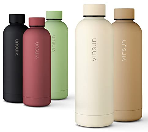 VINSUN Water Bottle Stainless Steel 500ml cream white - Insulated Drinking Bottle - Leak Proof, BPA free - Thermo Bottle for School, University, Bike, Office, Gym, Hiking
