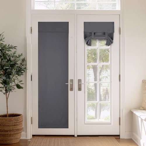 PONY DANCE Blackout Door Curtain - W30 x L80 inch French Door Curtains Thermal Insulated Blackout Tie Up Shades Sticker Room Darkening Panel for Patio/Front Door, Grey, 1 PC