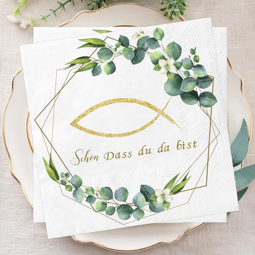 20Stück Servietten Fisch Eukalyptus Grün Schön Dass Du Da Bist | 3 Lagig Papierservietten for Taufe Kommunion Konfirmation Junge Mädchen | Tischdekoration für Babyparty | Vintage Einweg Weiß Napkins