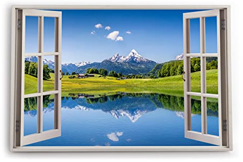 Paul Sinus Bilder Fensterblick 120x80cm Alpen Alpensee Österreich Blau Natur Sonnenschein Kunstdruck Wanddeko Wand Wohnzimmer