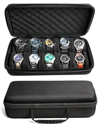 RIGICASE 10 slots Watch travel case, portable watch carry storage box organizer, fit watches up to 55mm face with flexible foam insert