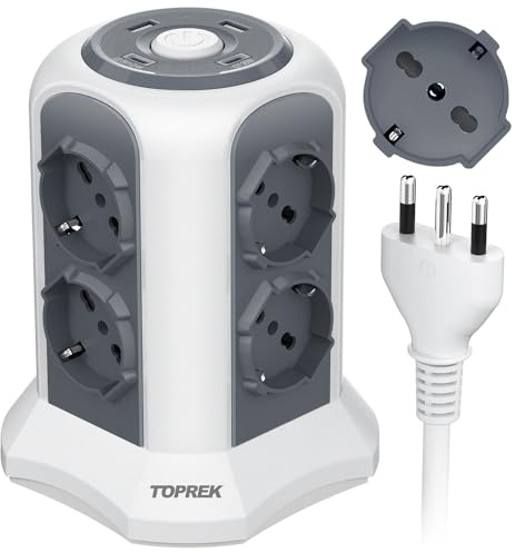 TOPREK Multipresa Verticale con 8 Prese e 4 USB, 2M Cavo, 1 Interruttore | 2 Tipo C(20W PD3.0 Ricarica Rapida) e 2 Tipo A e 8 Universali ITA 10/16A e Schuko, Ciabatta Multipresa, 4000W/16A, Grigio