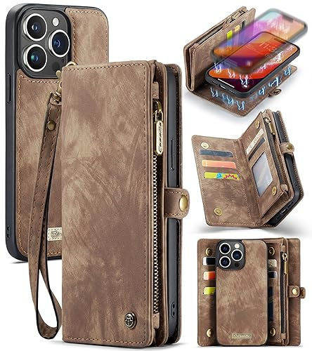 UFinetech für iPhone 15 Pro Max Hülle, Flip Leder TPU Stoßfest Kartenfach Tasche Handyhülle für iPhone 15 Pro Max, Magnetisch Kratzfest Abnehmbare Reißverschluss mit Band Schutzhülle Case, Braun