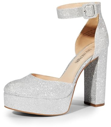 DREAM PAIRS Women's Platform Chunky Round Toe Heels,Silver-Glitter,10