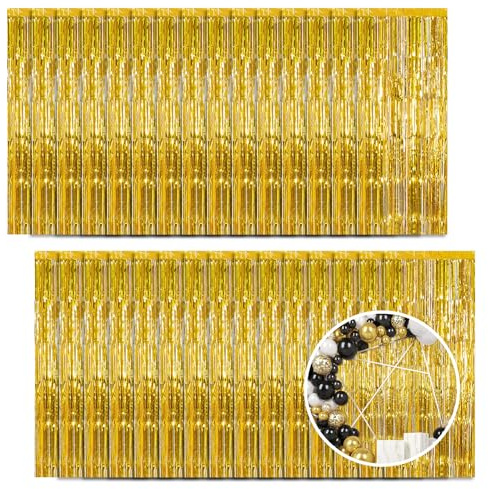 Lametta Vorhänge Gold, 30 Stück 1x2.5M Folie Fransen Luftschlangen Deko Metallic Tinsel Vorhange Hintergrund Folien Luftschlangen für Geburtstag, Hochzeit, Weihnachten, Neujahr, Disco Party Deko
