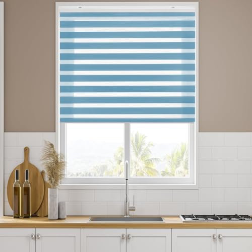 Thermorollo ohne Bohren 110 x 350 cm Hitzeschutz, Sichtschutz Thermorollo Verdunkelungsrollo inklusive Montagematerial für Tür & Fenster, Blau