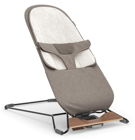 UPPAbaby Mira Bouncer/Portable 2-in-1 Bouncer + Seat Grows with Your Baby/GREENGuard® Gold, JPMA + FSC® Certified/Cozy Seat Liner + Storage Bag Included/Wells (Taupe Mélange/Black Chrome/Walnut Wood)