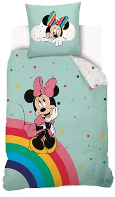 Housse de Couette Minnie Arc-en-Ciel 140x200 cm + 1 Taie d'oreiller 63x63 cm - 100% Coton - Vert d'eau