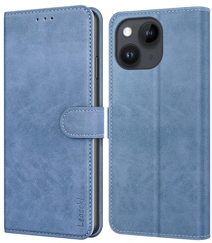 Leacckl Handyhülle für iPhone 13 / iPhone 14 Hülle, Premium PU Leder Brieftasche Stoßfeste [Kartenfächern] Schutzhülle Klapphülle Flip Case, Blau