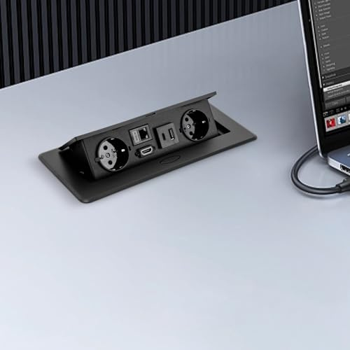 Prise de table rétractable pour bureau - Prise encastrable avec 2 chargeurs USB type C LAN UE et 5 V 2 A - Noir
