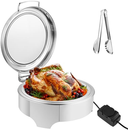 YUCHENGTECH Electric Round Chafing Dish Buffet Set 6.43 Quart Stainless Steel Chafing Dishes and Food Warmers with Temperature Adjustable Glass Lid for Catering Wedding Party Restaurant Entertaining