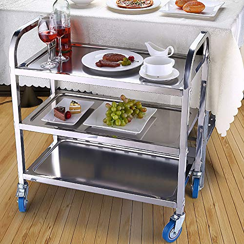 HUOLE Chariot de Service avec roulettes,Chariot de Service INOX Desserte Cuisine à roulettes 95 * 55 * 95 cm-Argent, Charge Statique Max. 400 kg, Acier Inoxydable