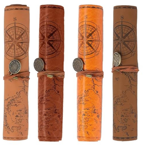 Bamberg 4-Teiliges Federmäppchen Aus Leder, Kreatives Roll-Up-Federmäppchen mit Landkarte, Etui für Make-Up-Pinsel im Vintage-Stil, Matt-Glatter Einband Aus Braunem PU