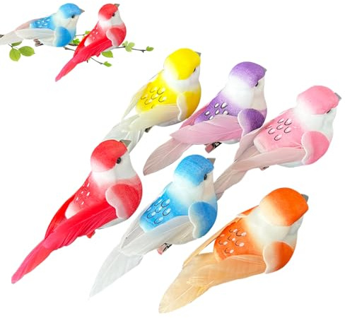 FOSDICK 6 PCS Multicoloured Bird Ornaments Artificial Bird Decorations Colourful Birds Clip On Birds Small Very Cute Artificial Feather Artificial Birds for Home Garden, 9 * 3.3 * 4cm