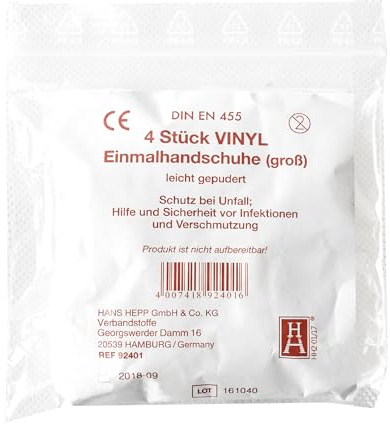 10x Einmalhandschuhe 4er Pack Vinyl DIN EN 455 - zugehörig der DIN 13164 für KFZ & DIN 13157 / DIN 13169 für Betriebe - ANGEBOT