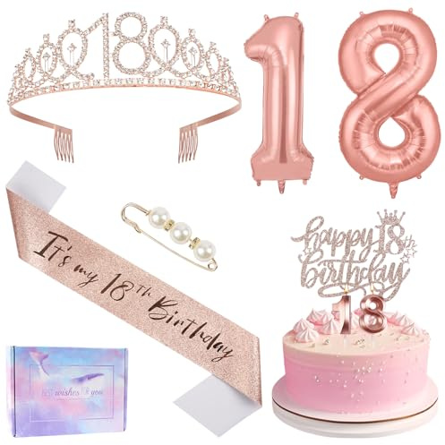 Ainiv 18° Compleanno Corona Oro Rosa, Cake Topper Happy 18th Birthday, Fascia e Tiara per il Compleanno, Candele e Palloncini con Numeri in Oro Rosa, Regali di Compleanno e Decorazioni per Feste
