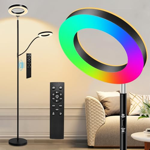 YOPSTAR RGB Stehlampen für Wohnzimmer, moderne LED Stehlampe mit Leselicht, farbwechselnde mit stufenloser Dimmung, Stehlampe mit Fernbedienung/Touch/APP Steuerung für Schlafzimmer, Büro (Toroidal)