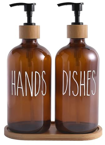 Braozaiw Glass Soap Dispenser Set of 2, Refillable Glass Bottle Jar with Bamboo Pump &Tray,washing up liquid dispenser,suitable for Bathroom, Kitchen, Laundry Room (Brown)