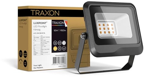 TRAXON LUXPOINT® Floodlight LED - Kämpig Foco Proyector Negro exterior 10W 3000K 110Lm/W, Aluminio Protección IK08 Resistente Agua IP65 (Luz cálida 3000K 10W | Negro)