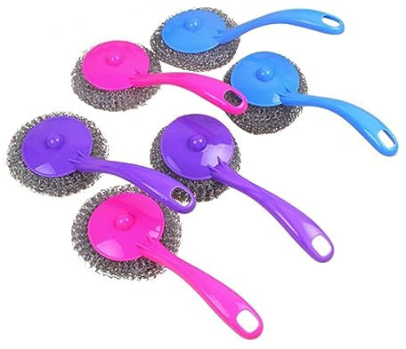 WRITWAA 12pcs Metal Scouring Pads and Long Handle Steel Scrubbers Stainless Steel Cleaning Balls Kitchen Pot Brush for Heavy Duty Dish Cleaning Random Color