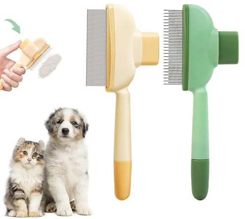 Flohkamm für Katzen & Hunde (2 Stück) - Selbstreinigender Zeckenkamm, Haarentfernungsbürste für Fellpflege, Tierflohkamm mit ergonomischem Griff-Gelb+Grün