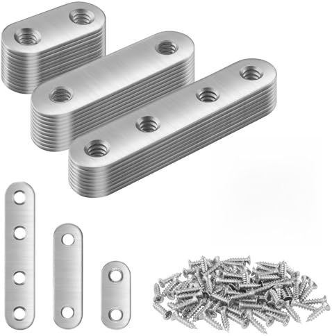 30 Piezas Pletinas Metalicas Planas, Placas de Unión de Metal de Acero Inoxidable con 76 Tornillos, Soportes Largos y Rectos Planos, Conector de Metal Plano, para Reparación de Muebles de Madera