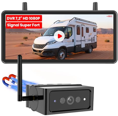 AUTO-VOX Magnetic Wireless Reversing Camera Kit: 7.2 1080P HD DVR Recording Monitor, 1 Min Install Dual Antenna Motorhome Reverse Camera Kit, IP69K Waterproof with IR Night Vision for Caravan,Van