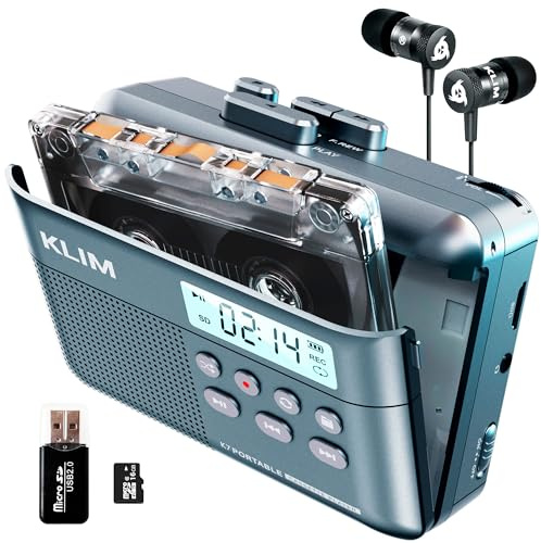 KLIM K7 Cassette Tape Player - Cassette to MP3 Converter - Portable Cassette Player - Tape Recorder with Built-in Microphone & Speaker - Rechargeable Battery - Earphones - 16GB SD Card - Blue