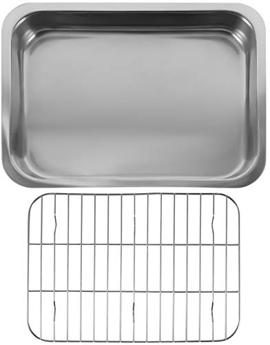 TOYZFRIENDY 1 Juego plato para hornear rectangular asadera con rejilla bandeja de horno con rejilla de rejilla para asar estante de enfriamiento antiadherente Acero inoxidable Plata