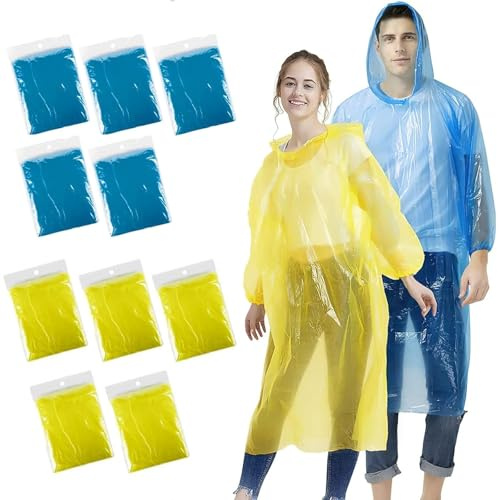 Puedno 10 stycken transparent regnponcho, engångsregnponcho för kvinnor, män, regnponcho med huva och elastisk manschett, vattentät regncape transparent, 40-60