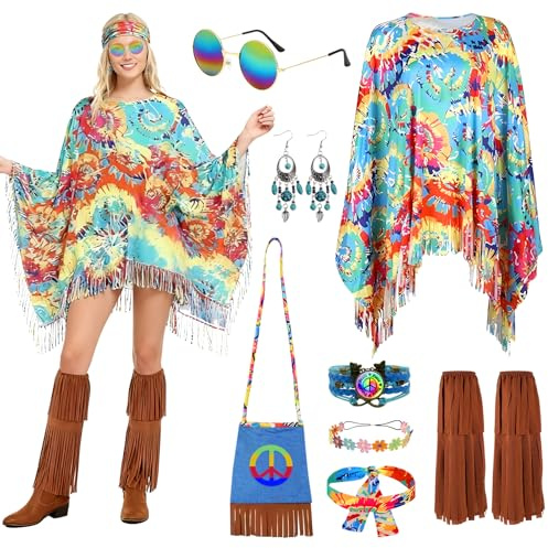TOSZOLY Hippie Kostüm Damen, 11 Stück 60er 70er Jahre Hippie Kleidung Damen, 70er Jahre Jahre Outfit und Hippies Accessoires, Hippies Bekleidung Kostüm für Halloween, Karneval, Cosplay