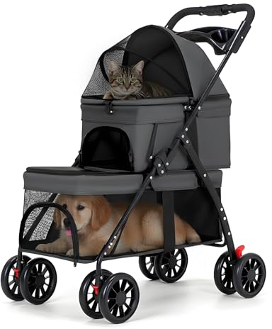 Simcat Doppelter Haustier-Kinderwagen für kleine, mittelgroße Hunde und Katzen, faltbarer Reisewagen, 3-in-1, faltbarer Haustier-Kinderwagen für Reisen, Camping (Schwarz)