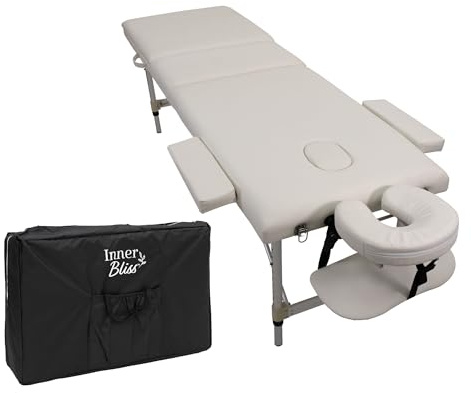Inner Bliss Portable Massage Table 3 Section Folding Spa Bed with Adjustable Backrest Aluminium Frame and Face Cradle | Lightweight Therapy Couch for Salon Tattoo Physio | With Carry Bag (White)