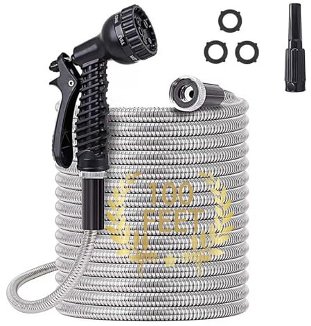 Blendra 304 Stainless Steel Garden Hose 100FT - Hosepipes for Garden Water Hose with 7+6 Way Spray Nozzle (3/4 1/2 Connectors) for Outdoor Gardening, Lawn Care & Home Use (Silver+Black)